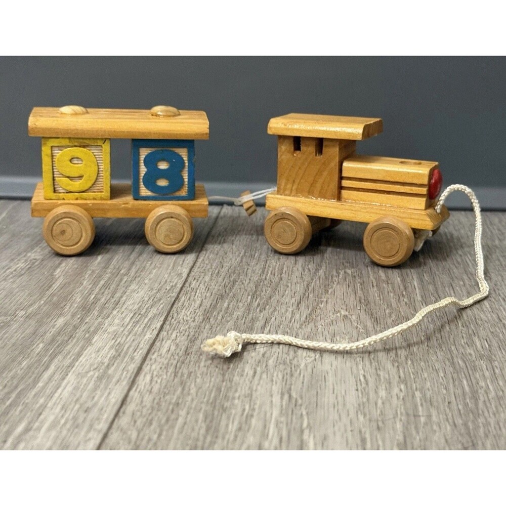VINTAGE HAND MADE WOODEN TRAIN & CAR WITH BLOCKS STURDY Pull Toy